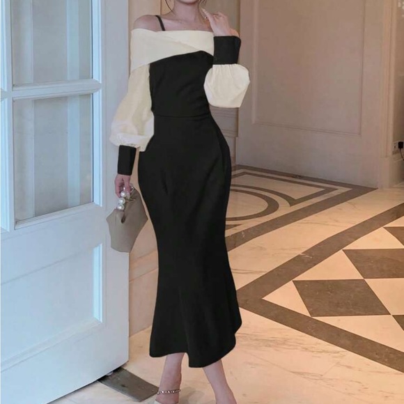 Black & ivory midi mermaid fit puff sleeve off shoulder formal dress - Picture 4 of 6